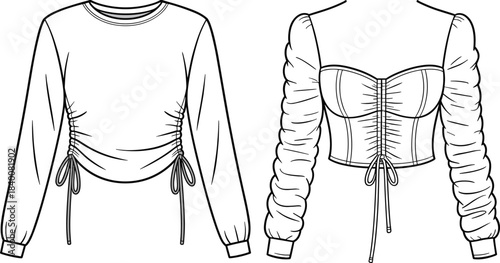 Fashion top technical flat sketch with ruched drawstring sides and corset back design, detailed CAD long sleeve apparel vector illustration template