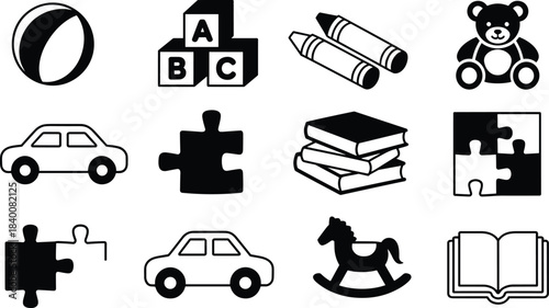 Kids learning and toy icon set, ABC blocks, crayons, teddy bear, cars, puzzles, rocking horse and books vector for education and play