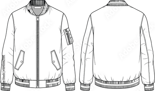 Technical bomber jacket front and back fashion flat with zipper pockets sleeve utility detail ribbed cuffs collar hem, cad drawing flat vector illustration