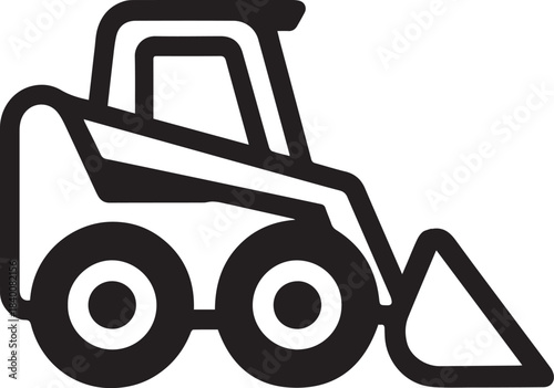 A monochrome illustration of a compact skid steer loader, perfectly suited for construction, agriculture, and landscaping.