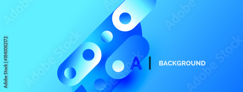 Bright blue abstract shapes, circles, gradients. Text reads AI BACKGROUND. Modern digital design element.