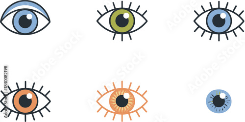 Minimalist Groovy Colorful Eye Icon Collection Set, Featuring Different Iris Colors, Long Eyelashes, Fashion, Mystic, Vision, Sight, Awareness Symbols, Modern Vector Illustration.