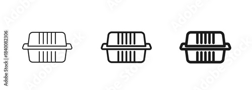 Takeout clamshell food container icon in thin, regular, and bold styles. Plastic, foam takeaway box. Web and mobile pictogram. Perfect for use in menus, packaging, or delivery app interfaces. Vector