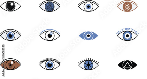Mystic eye symbol set, creative eye icons for design, abstract vision graphic collection for branding, spiritual illustration elements, modern minimal style