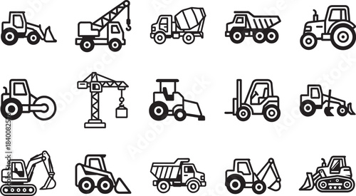 Diverse illustrations of construction vehicles are meticulously outlined on a transparent background, capturing a variety of construction machinery.