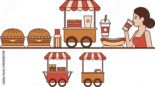 Street food stall illustration set, burger and hotdog fast food cart with drinks, woman eating snack, flat vector commercial graphic design