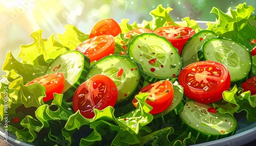Fresh vegetable salad in bowl with crisp green lettuce, sliced cucumbers, cherry tomatoes, herbs, and red pepper flakes, sunlight streaming in background, bright and appetizing healthy presentation.