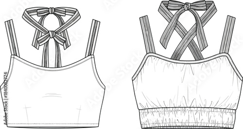 Strappy crop top flat sketch with bow-tie back and elastic hem, women’s fashion CAD drawing, stylish technical apparel vector illustration