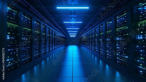 A data center with rows of server racks, lit by blue and green lights, in a tech environment