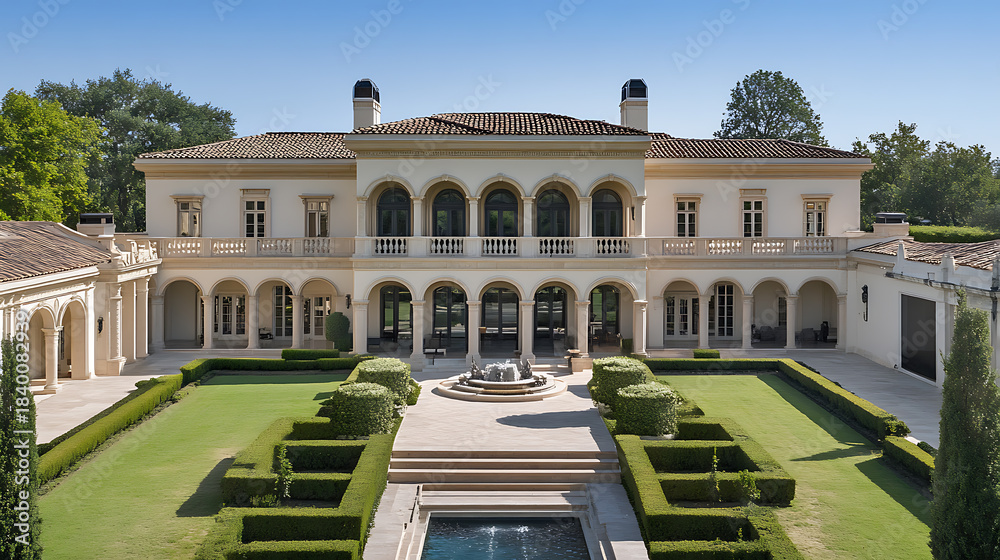 Obraz premium An expansive estate boasts symmetrical gardens and refined architecture. Balconies, arched windows, and a serene water feature enhance the luxurious exterior. Timeless elegance and tranquility.