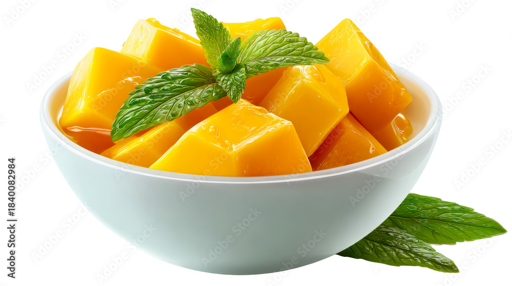 Naklejka premium Freshly cut juicy mango cubes adorned with mint leaves presented in a light blue bowl perfect for healthy eating and tropical refreshment concepts