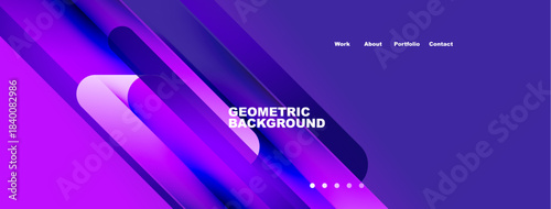 Abstract geometric background. Purple, blue gradients create dynamic visual effect. Navigation menu present at top. Modern design.