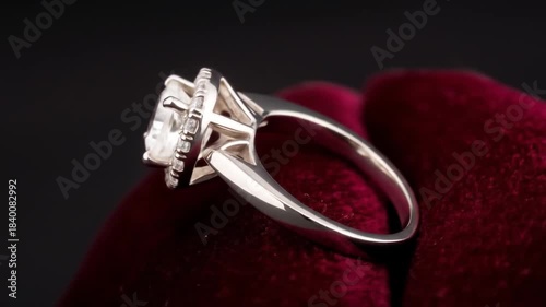 Close-up of a white gemstone ring on velvet. The ring is angled, showcasing details