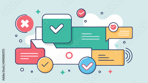 Minimalist interface with checkmarks, notifications and chat elements symbolizing digital productivity and task management