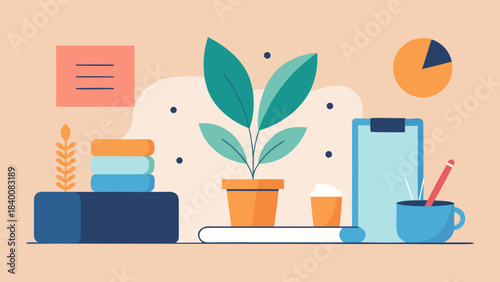 Minimalist workspace with books, coffee, plant and clipboard representing calm career and life balance