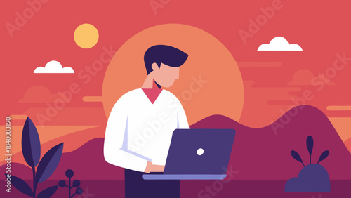 Man working on laptop outdoors at sunset symbolizing remote work and career freedom
