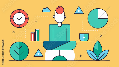 Person meditating surrounded by work symbols representing balance, mindfulness and career minimalism