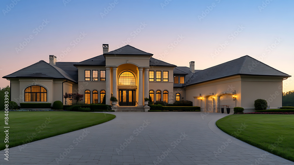 Obraz premium Elegant Estate at Twilight: An opulent residence with a grand entrance, sprawling lawn, and the sky ablaze with the colors of dusk. #LuxuryLiving #DreamHome