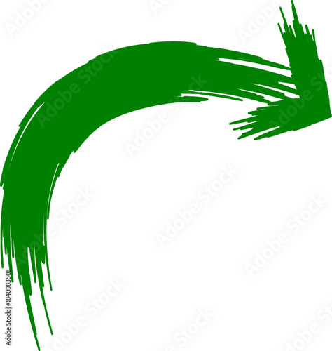A green, hand-drawn, curved arrow with a brushstroke texture pointing right and slightly downwards on a white background.