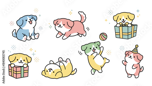 Vector illustration of happy dogs celebrating happy new year with gifts and festive decorations in a playful cartoon style with bright colors.