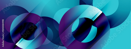 Abstract composition features overlapping circles, vibrant blues, purples. Dynamic shapes create flowing, modern visual effect.