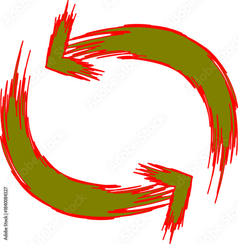Stylized refresh or recycle symbol featuring two curved arrows in a continuous loop design with a rough, brushstroke texture.