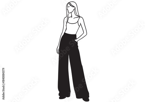 line sketch fashion girl in very long black baggy torn wide pants