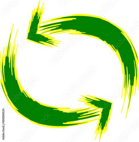 Two green and yellow brushstroke arrows forming a continuous circular refresh or recycle symbol on a white background.