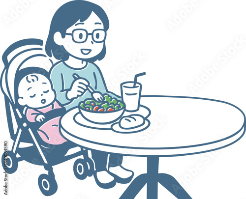 サラダを食べているママとベビーカーにいる赤ちゃん
Mom eating salad and baby in a stroller