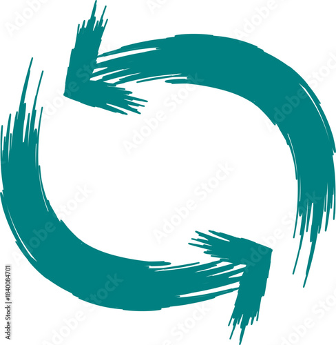 Two distressed teal arrows forming a circular refresh or cycle symbol with a brushstroke texture, indicating continuous movement.