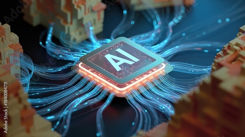 Glowing blue lines emanate from a central AI microchip nestled among voxelized structures