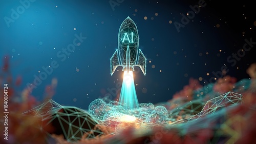 Wireframe rocket displaying 'AI' launches with vibrant energy from a digital landscape