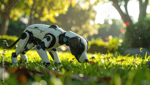 A futuristic robot dog, meticulously designed with sleek metallic surfaces and advanced technological components, explores a vibrant green park.