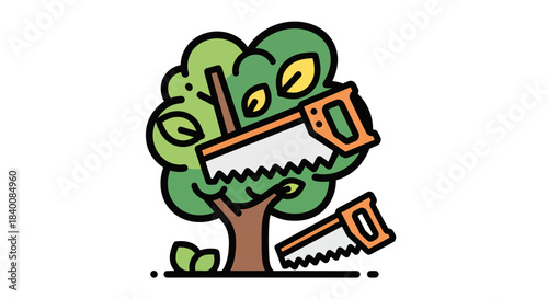 Arborist Cutting Down Tree With Saw, Green Leaves, Brown Trunk, Environmental Illustration