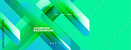 Abstract geometric design. Bright turquoise, green hues dominate. Navigation menu present. Modern, clean aesthetic. Minimalist style.