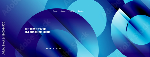 Abstract geometric background. Blue gradients dominate design. Text includes work, about, portfolio, contact. Dots indicate navigation options.