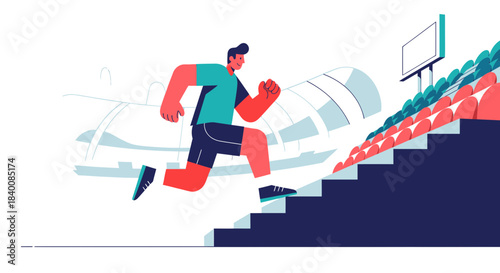 Athlete Climbing Stadium Stairs With Determination, Reaching Victory, Success Concept