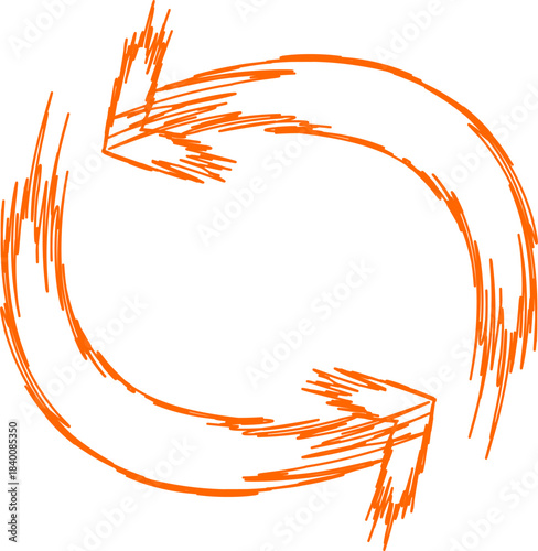 Two hand-drawn orange arrows forming a circular loop, depicted with a scribbled, energetic texture on a white background, symbolizing refresh or cycle.