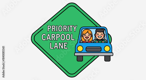 Carpool Lane Signage Displaying Smiling Passengers In A Compact Car For Optimized Travel