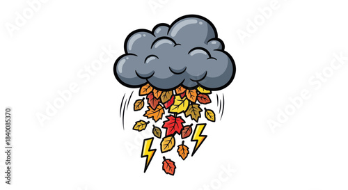 Autumnal Animated Illustration Depicting Cloud, Falling Leaves, And Electric Weather Elements