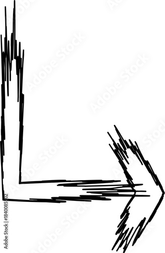 A hand-drawn, jagged black arrow making a right-angle turn, pointing right and then down, on a white background.