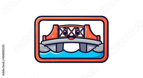 Cartoon Bridge Design: Cheerful Character Set Within Orange Rectangular Border