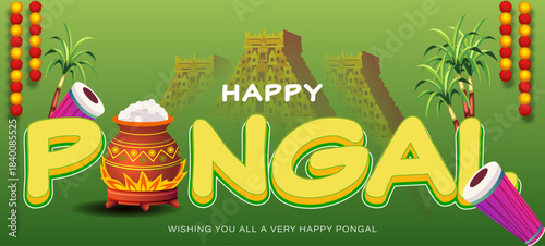 Happy Pongal Text Design with Pongal Pot, Sugarcane, Rice, and Tamil Nadu Landscape. Indian Harvest Festival Poster Design Vector Illustration 