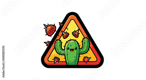 Cartoon Cactus Warning Sign Illustration Design With Cute Expression And Spikes