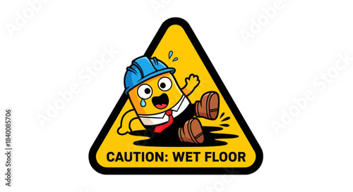 Cartoon Character Slipping On Wet Floor Sign, Warning About Potential Hazards