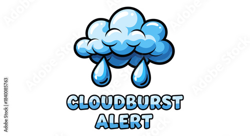 Cartoon Cloudburst Alert Icon Depicting Rain with Bold Typography and Weather Theme Visual