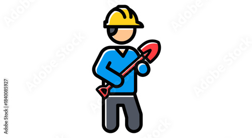 Cartoon Construction Worker With Shovel Against White, Ready for Building Project.