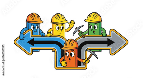 Cartoon Construction Workers Navigating Choices and Making Decisions Together for Success