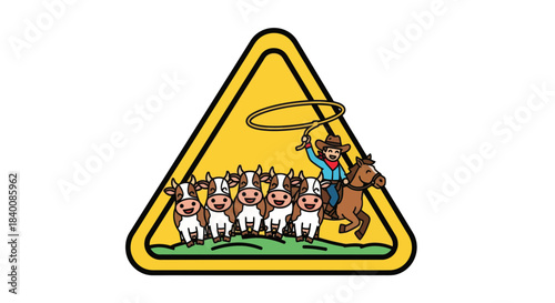 Cartoon Cowboy Riding Horse Chasing Cattle With Lasso Inside of Yellow Triangle