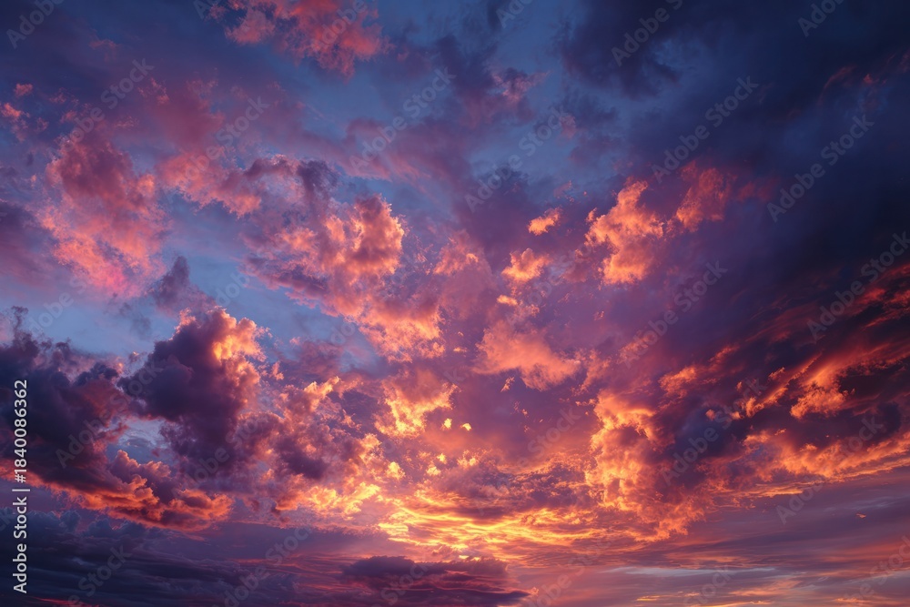 Naklejka premium Sky's Palette: A breathtaking celestial canvas of clouds ablaze with the vibrant hues of dawn, painting a dynamic landscape of light and shadow, capturing the awe-inspiring beauty of nature.